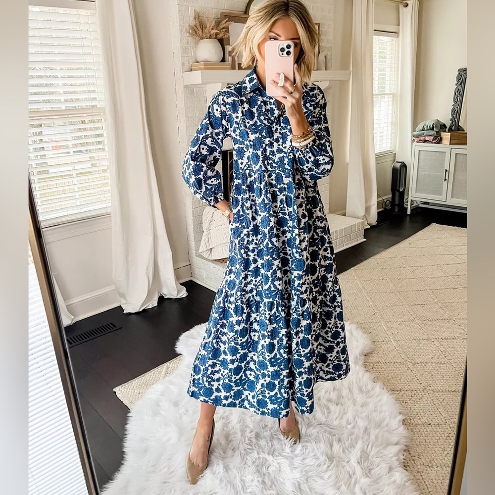 Anthropologie Maeve Bettina Tiered Shirt Dress Sz 1X Blue Motif Block Print EUC